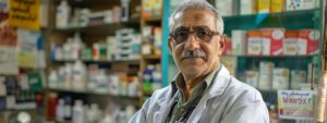 a focused pharmacist engaged in a compassionate consultation, surrounded by vibrant anti-smoking banners and educational materials, radiating determination and hope for a smoke-free future.