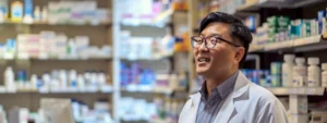 a vibrant pharmacy interior showcases a knowledgeable canadian pharmacist advising a diverse group of customers with bright, clinical shelves and neatly organized medicine displays in the background.